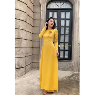 Áo dài VÀNG thiết kế cổ tết, tay bồng lỡ, chất vải lụa tây thi mềm mịn 2 tà