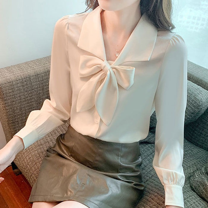 Áo Sơ Mi Chiffon Tay Dài Đính Nơ Màu Trơn Thanh Lịch Dễ Phối Đồ Thời Trang Cho Nữ 2022