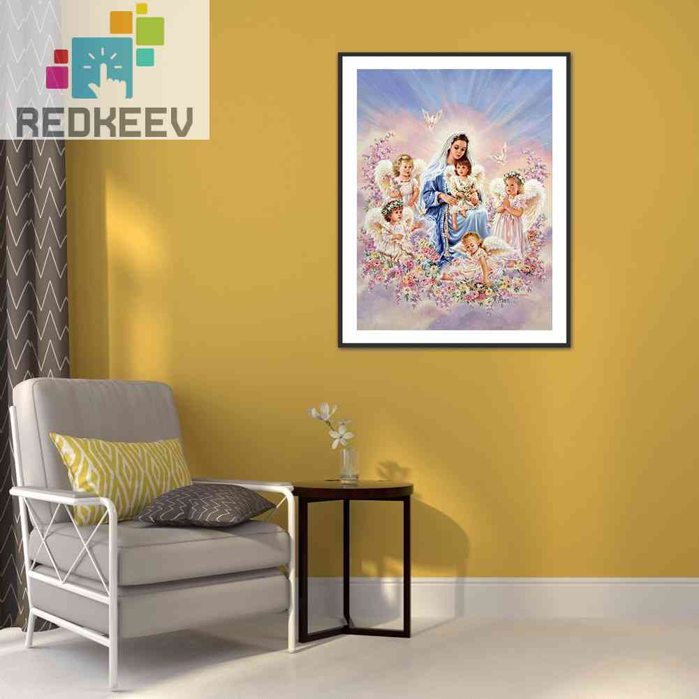 Tranh Đính Đá Kim Cương Toàn Bộ 5D DIY Hình Đức Mẹ Và Thiên Thần