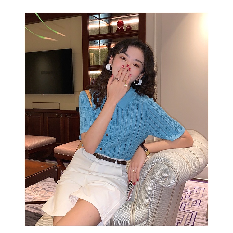 Áo dệt kim SUXI tay ngắn cổ polo dáng rộng phong cách cổ điển mùa hè dành cho nữ