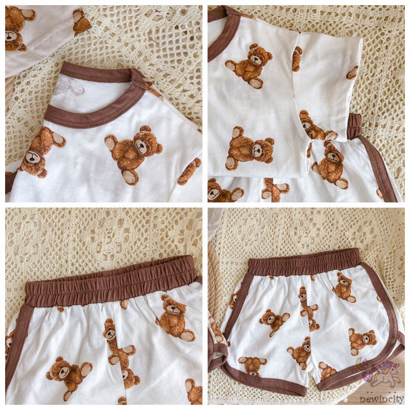 Bộ áo thun tay ngắn và quần short in hình gấu phong cách Hàn Quốc cho trẻ em
