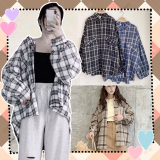 A026 Áo sơ mi kẻ caro tay bồng oversize nam nữ Áo chống nắng khoác ngoài đen trắng unisex dáng rộng hè thu dài tay phồng