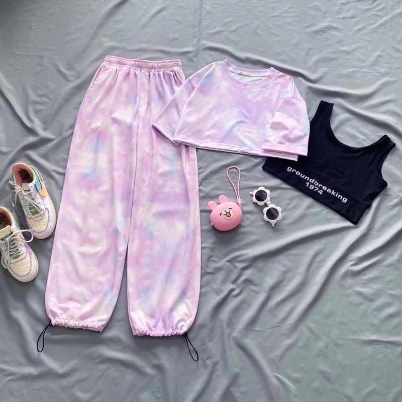 [NGUYÊN SET] Set áo croptop + bra đen + quần dài loang màu | BigBuy360 - bigbuy360.vn