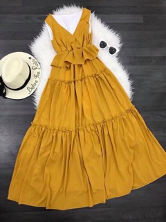 Đầm maxi peplum trắng vàng