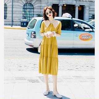 Đầm váy vàng tầng phối cổ trắng (kèm hình thật)