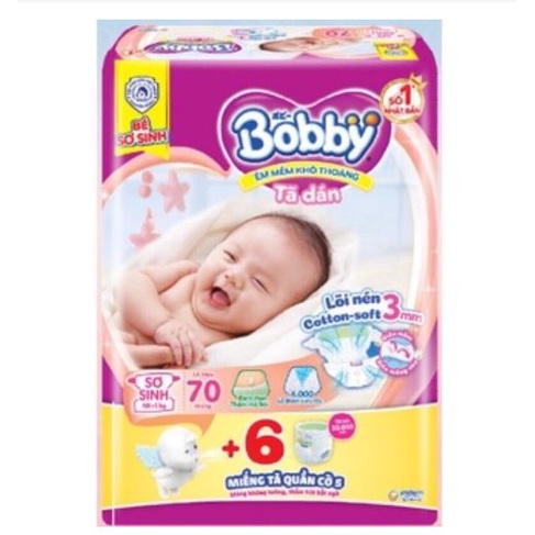 Tã dán Sơ Sinh Bobby NB70 +4 miếng cho bé 5kg Mẫu mới tặng miếng