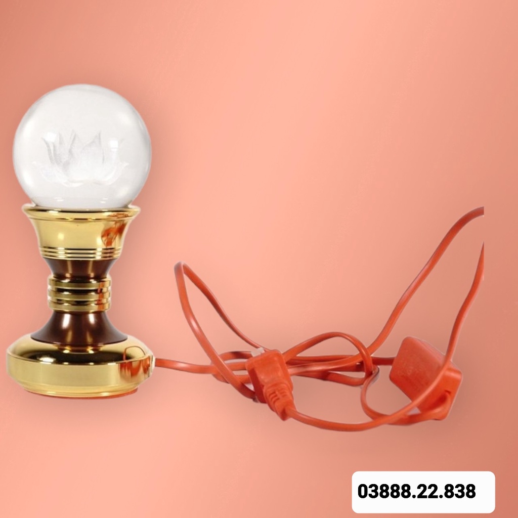 Đèn thờ led pha lê quả cầu sen nguyên khối đế đồng vàng đổi màu cao cấp – 8in cao 20 cm