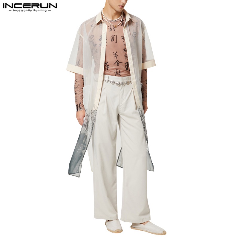 Áo sơ mi kimono INCERUN phối lưới nhìn thấu in hoa thời trang cổ điển cho nam