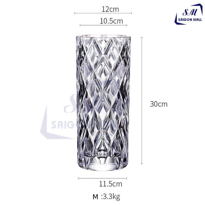 Bình bông lọ hoa thủy tinh trang trí hình trụ hoạ tiết caro sang trọng cao cấp chiều cao 30 cm