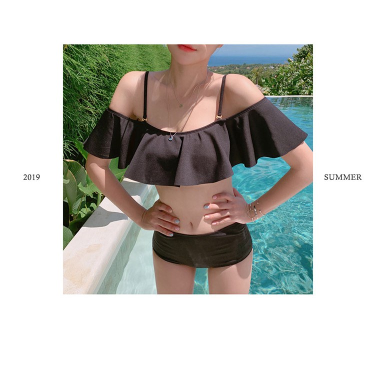 BIKINI Bộ đồ bơi nữ đi biển 2 mảnh áo bơi có sẵn mút trễ vai bèo - quần bơi cạp cao (Đen trơn)