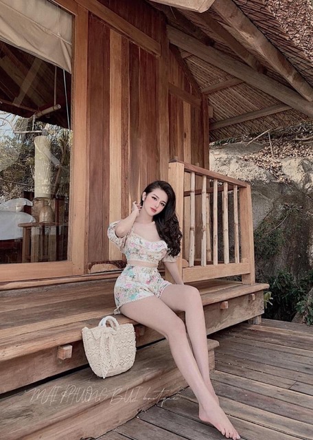 Set Trễ Vai Hoa Viền Ren Croptop Siêu Xinh , Set Áo Croptop Kèm Quần Short Hoa Cao Cấp