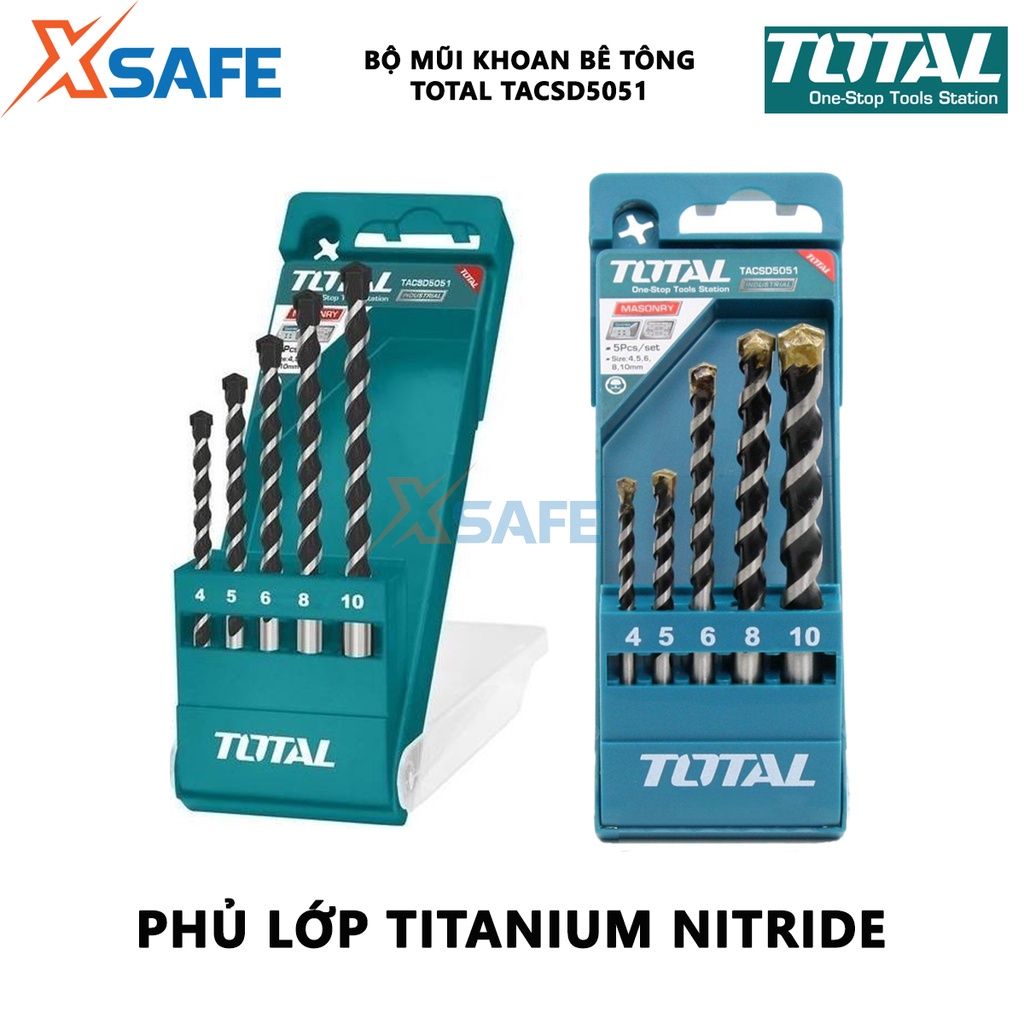 Bộ 5 mũi khoan bê tông TOTAL TACSD5051, đuôi trơn, kích thước 5x85, 6x100, 6.5x120, 8x120, 10x120mm - chính hãng