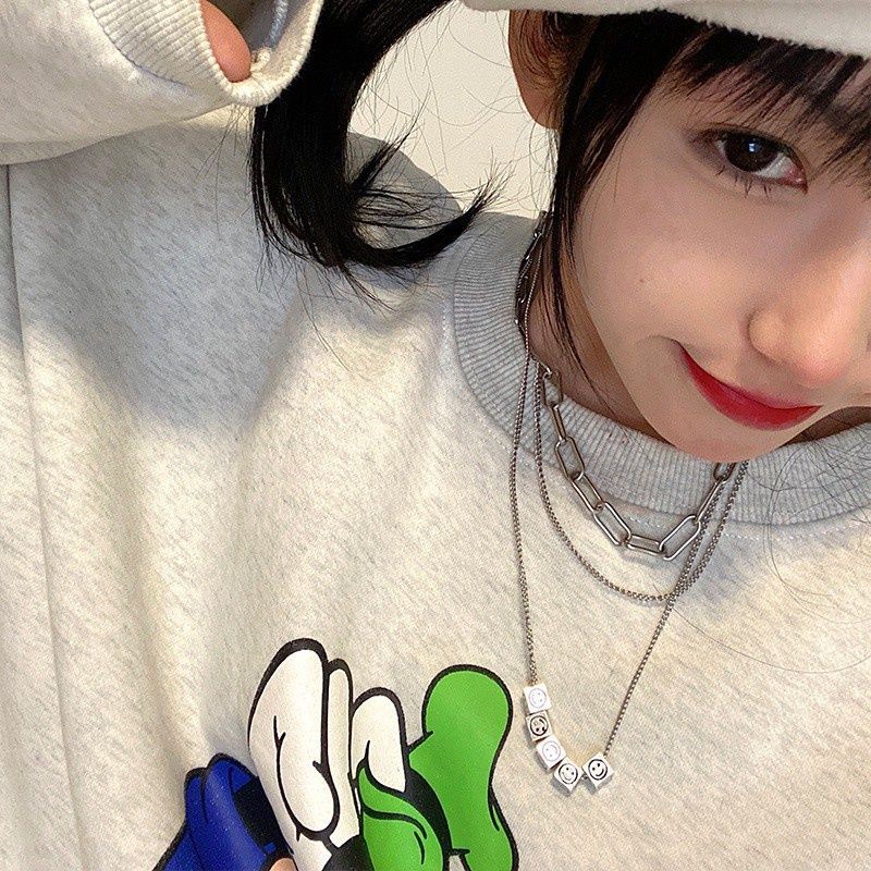 vòng cổ Thép Titan Nhiều Lớp Mặt Hình Mặt Cười Phong Cách Hip Hop