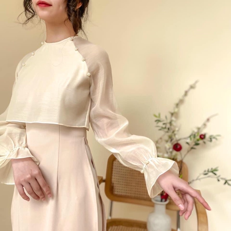 Áo dài nữ cách tân xẻ tà phối voan tay bo đính trai hàng thiết kế vnt1221a03 by germe