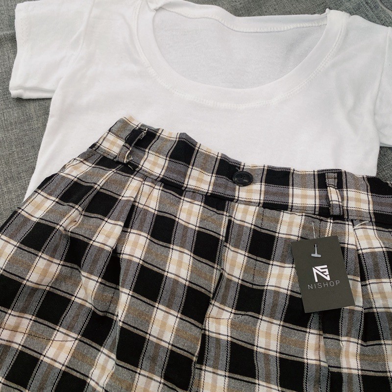 Set áo croptop mix quần caro ống suông [ hàng có sẵn ] | BigBuy360 - bigbuy360.vn