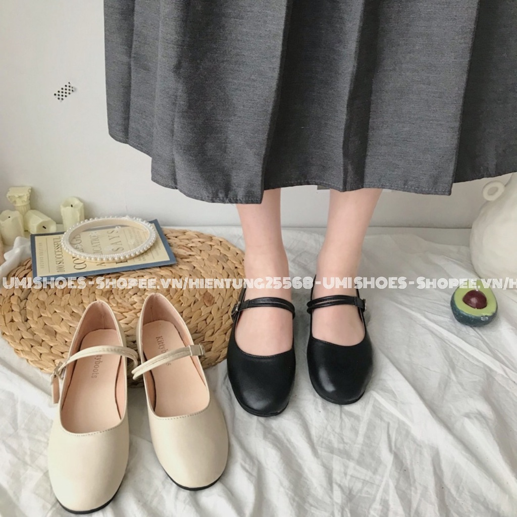 [NOWSHIP HN] Giày búp bê nữ ulzzang đẹp thời trang mũi tròn đế bệt da mềm đơn giản quai cài ngang màu đen/be mới xinh