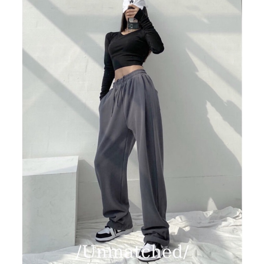 Quần Sweatpants Nữ Xám Đậm I'm Basic Dây Rút Bo Gấu Ống Rộng Nỉ Nam Nữ Unisex QJG01