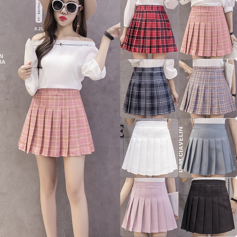 ☒▦◐ pleated skirt high waist solid color fashion sexy non-fading a-line short pants plaid