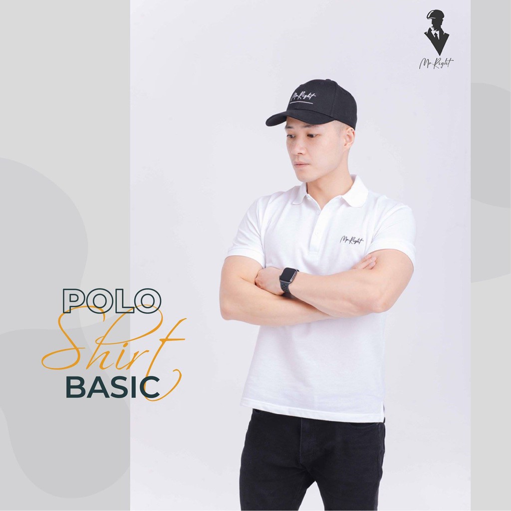 Áo polo nam cộc tay tay ngắn màu trắng có cổ in logo chữ Mr Right thời trang công sở nam phong cách trẻ trung