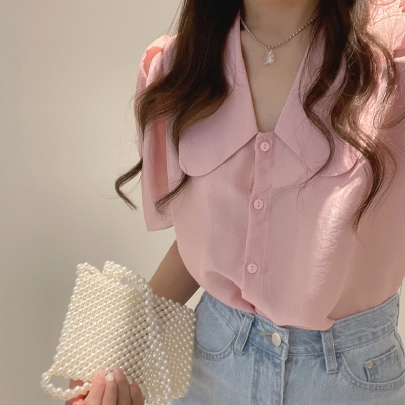 Áo Sơ Mi Tay Phồng Cổ Chữ V Màu Trơn Phong Cách Hàn Quốc Dễ Thương Cho Nữ