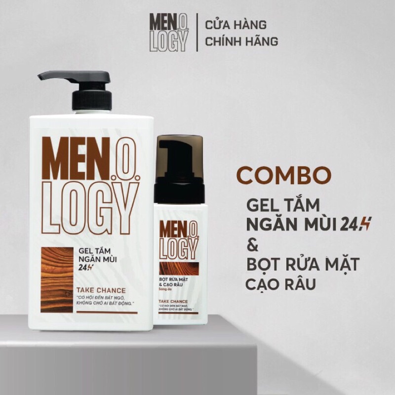 Combo Gel Tắm MEN.O.LOGY Ngăn Mùi 24h Take Chance 630ml + Bọt Rửa Mặt &amp; Cạo Râu MEN.O.LOGY Take Chance 100ml