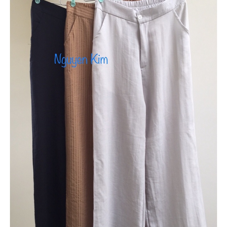 Quần nữ ống suông, rộng linen dây kéo lưng thun