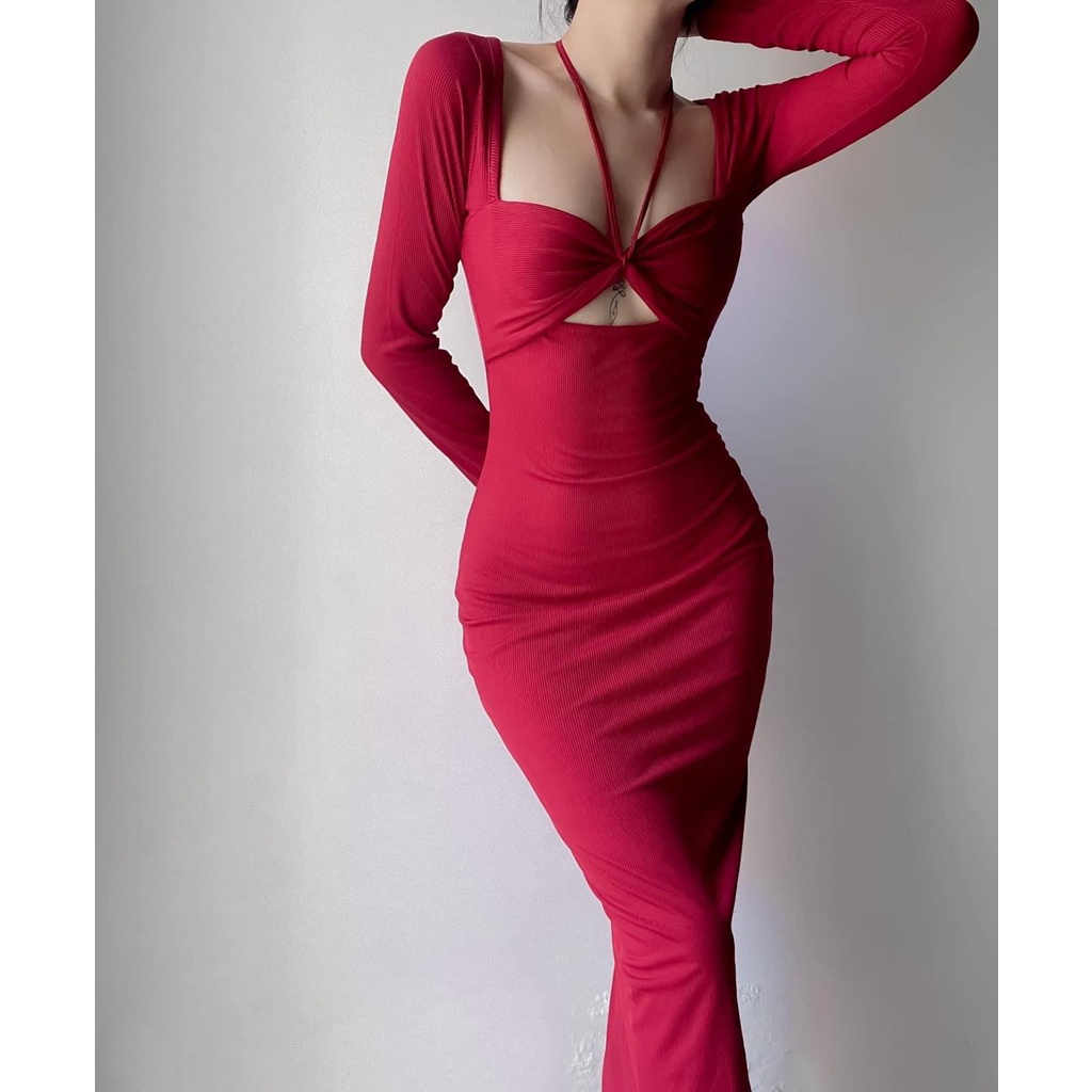 [HÀNG THIẾT KẾ CAO CẤP] Đầm Body Thun Gân Cổ Yếm Rút Ngực Tay Dài Tôn Dáng Màu Đỏ Sang Trọng Đi Tiệc Form Dài