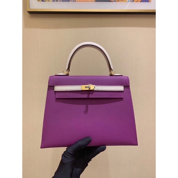 Túi xách nữ thương hiệu Hermes Kelly 25 da thật cao cấp màu tím phối trắng