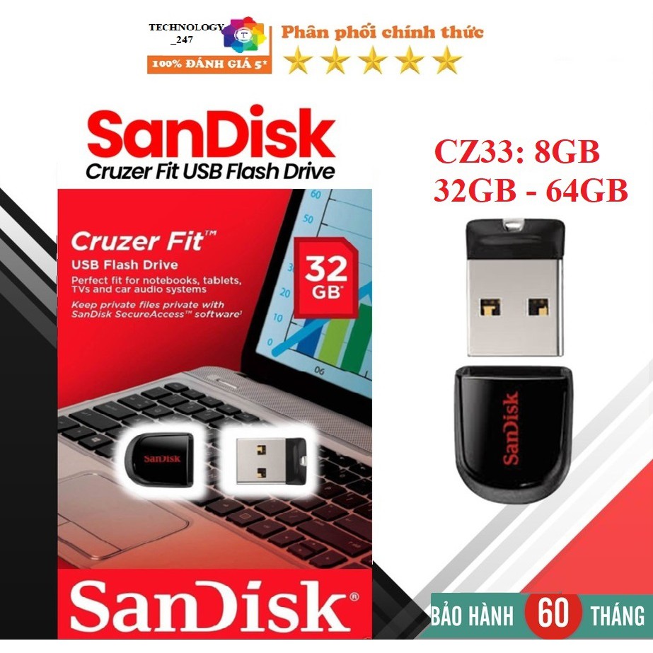 🌟USB mini siêu nhỏ, chống nước🌟 Sandisk Cruzer Fit CZ33 - USB 8GB / 32GB / 64GB 2.0 Chính hãng - Bảo hành 5 năm