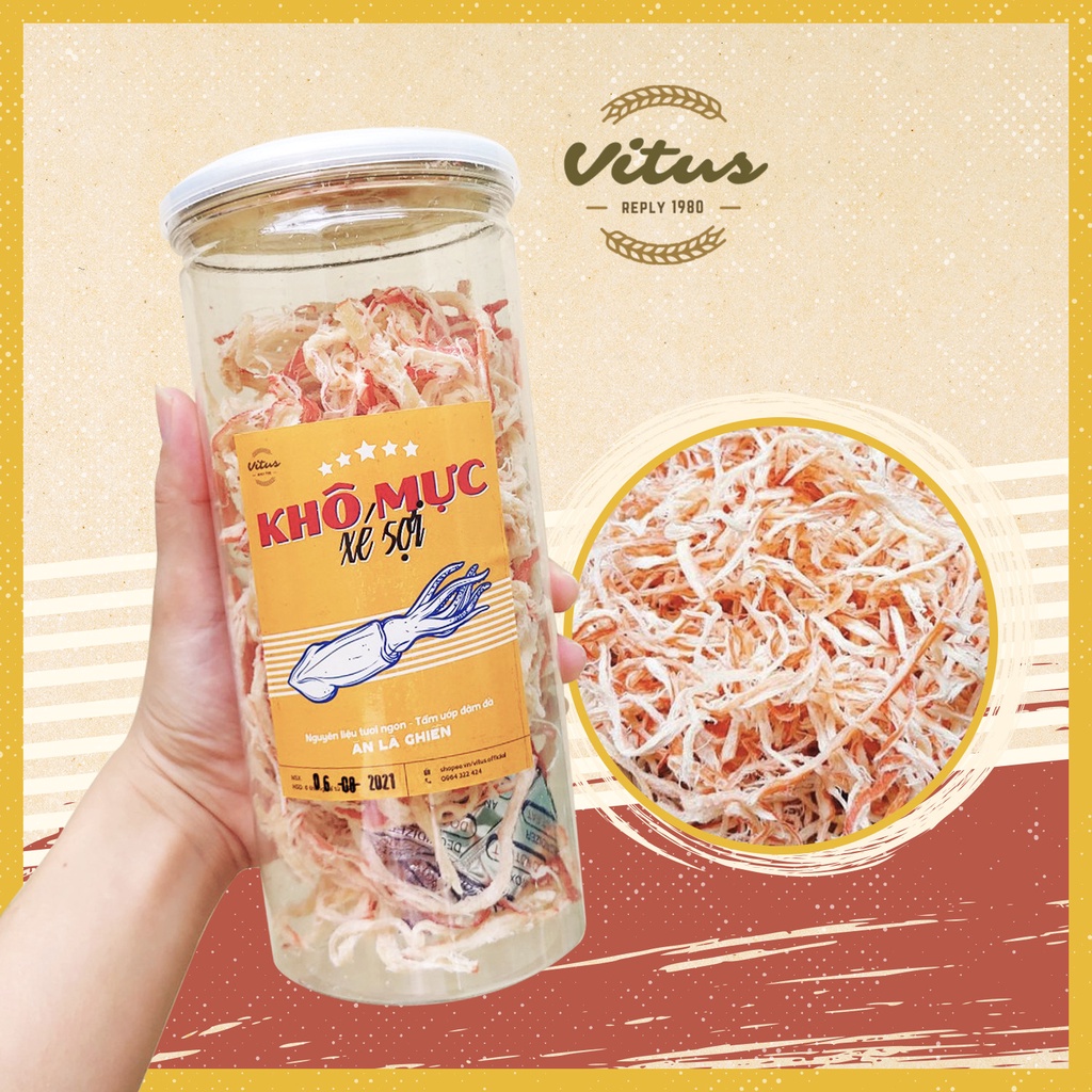 Khô mực xé sợi hấp nước dừa hũ PET 250g siêu ngon đậm vị, đồ ăn vặt VITUS | BigBuy360 - bigbuy360.vn
