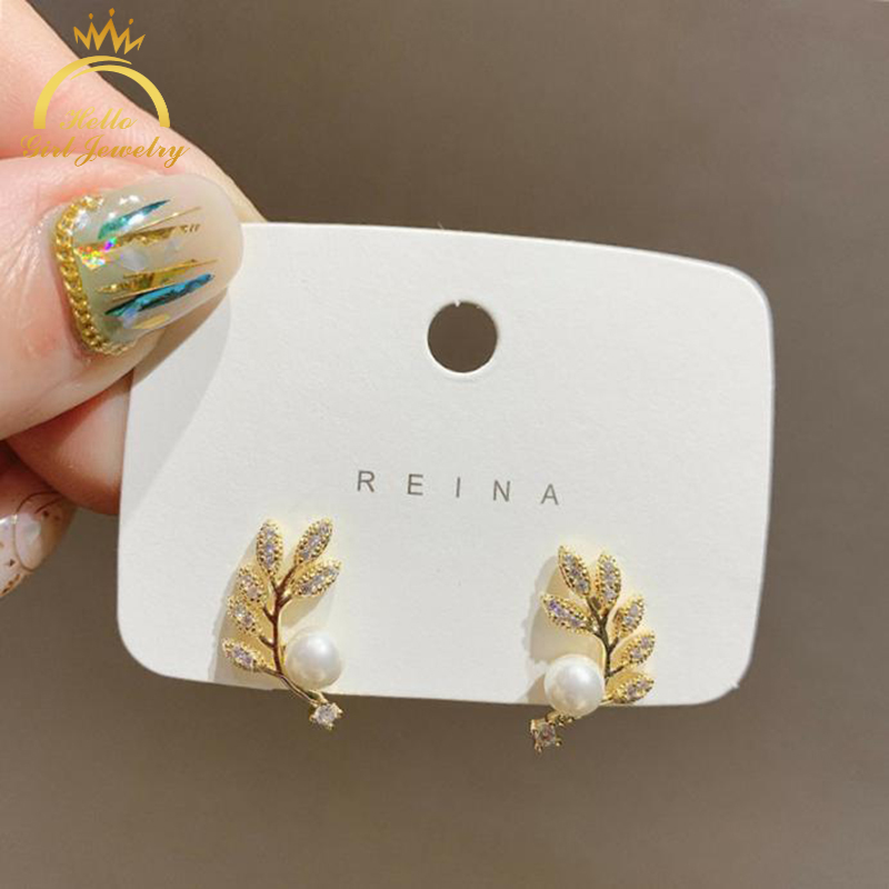 Bông Tai Mạ Bạc 925 Hình Chiếc Lá Đính Đá Zircon / Ngọc Trai Đơn Giản Thời Trang Cho Nữ