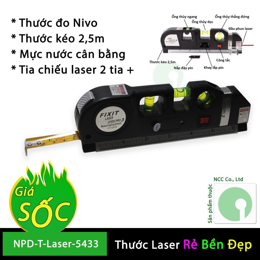 Thước đo laser đa năng - tia laser góc dọc ngang - thước dây kéo - ống thủy cân bằng - NPD-T-Laser-5433