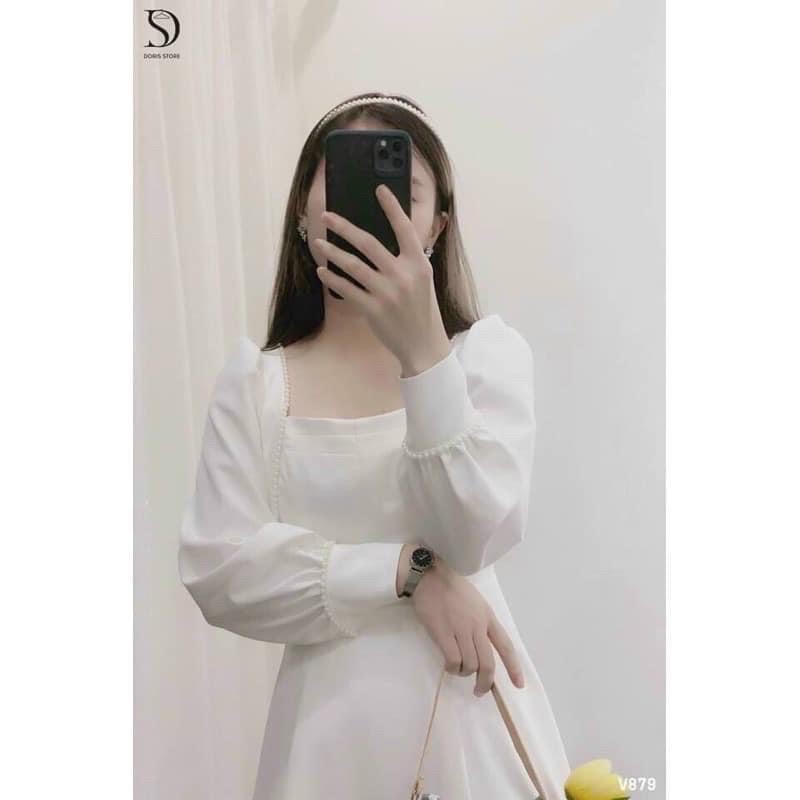 Đầm Thiết kế trắng dài tay - Váy trắng Thiết kế dài tay ren hạt cổ vuông Ulzzang (hình thật/ sẵn) | BigBuy360 - bigbuy360.vn