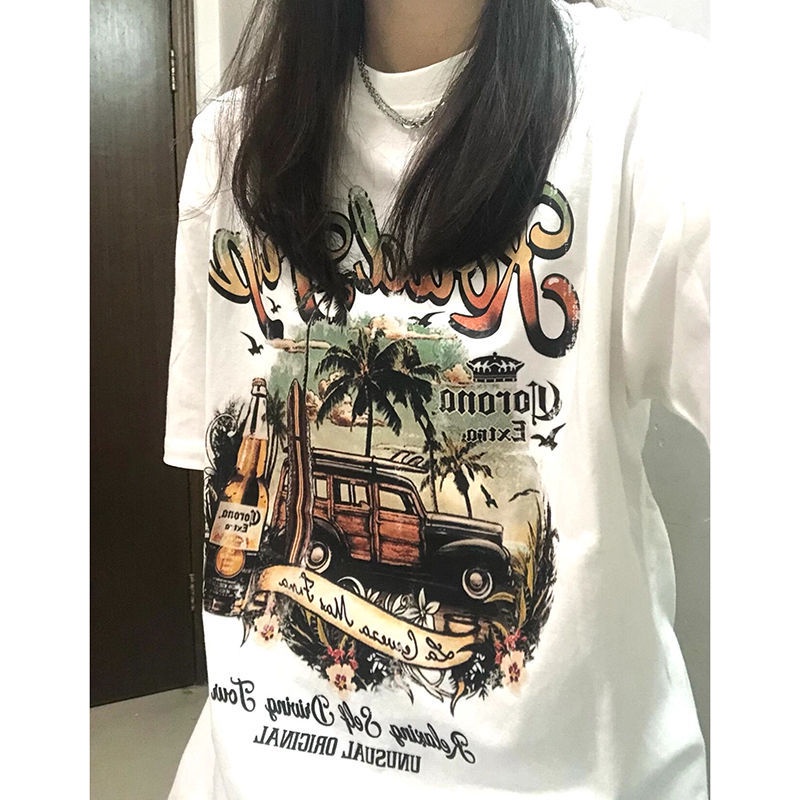 Áo Thun Tay Ngắn Cổ Tròn In Họa Tiết Vintage Thời Trang Cho Cặp Đôi