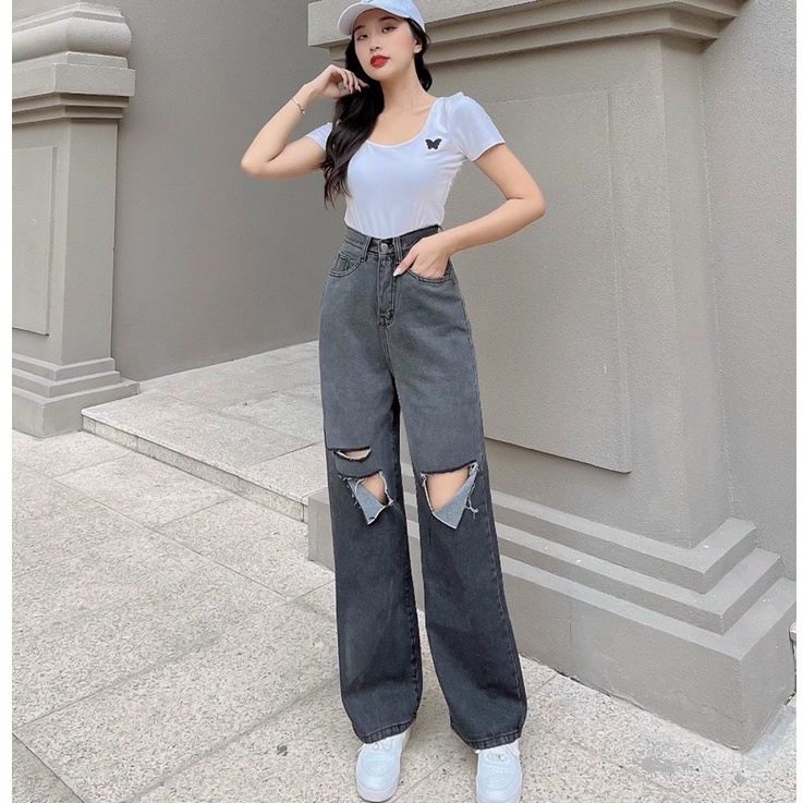 QUẦN JEANS ỐNG RỘNG NỮ LƯNG CAO LOANG MÀU XÁM RÁCH 2 VẠT 1 SỌC THỜI TRANG MỀM MỊN ĐẲNG CẤP HADI TÔN DÁNG THẦN CHƯỞNG