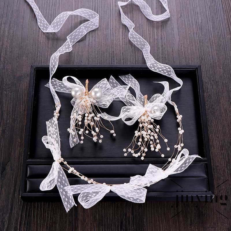 GETNOIVAS Set băng đô + khuyên tai nơ đính ngọc trai giả thanh lịch cho cô dâu
