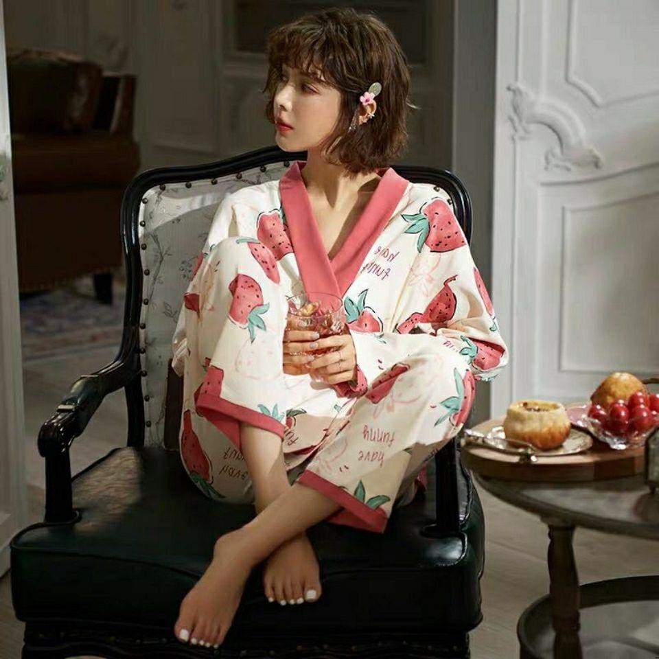 Bộ Đồ Ngủ Kimono Tay Dài Dáng Rộng Phong Cách Nhật Bản Ngọt Ngào Thời Trang Xuân Thu Cho Nữ