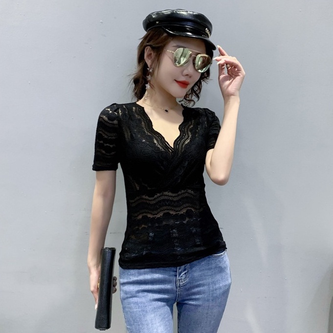 Áo thun nữ tay ngắn Cổ Chữ v Phối Ren Thiết Kế Mới Thời Trang Dành Cho Mùa Hè