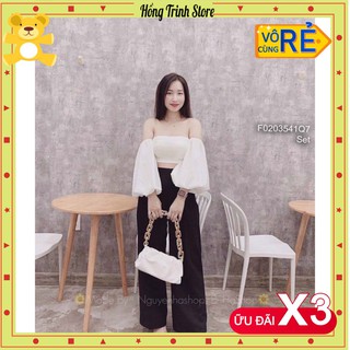 Set áo cúp ngực rớt vai tay phồng phối quần suông! ˇ