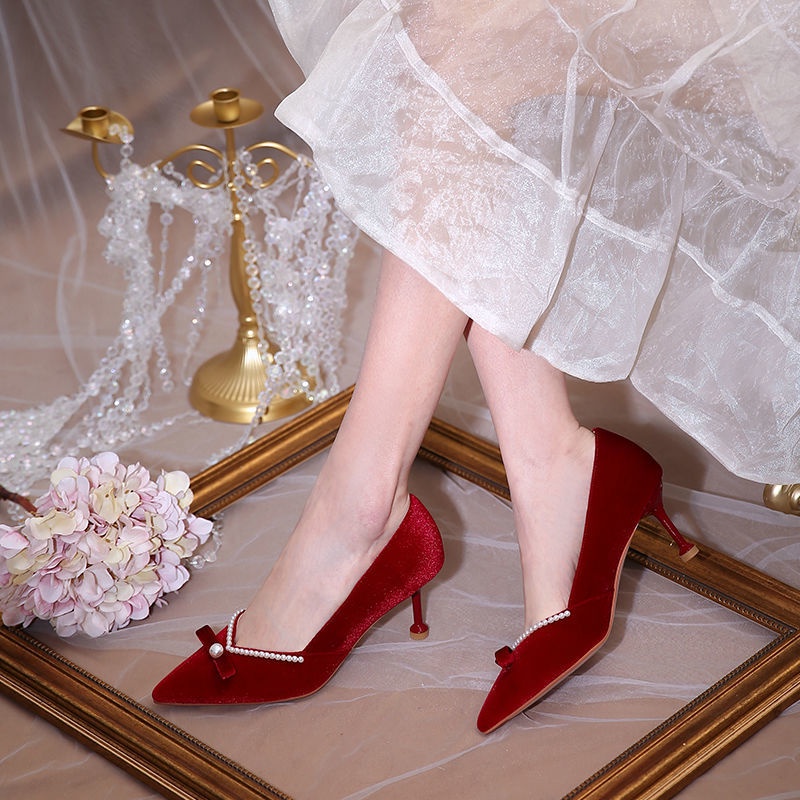 Giày Cao Gót Hai Cách Mang Màu Đỏ Thời Trang Mùa Thu Mới Dành Cho Cô Dâu