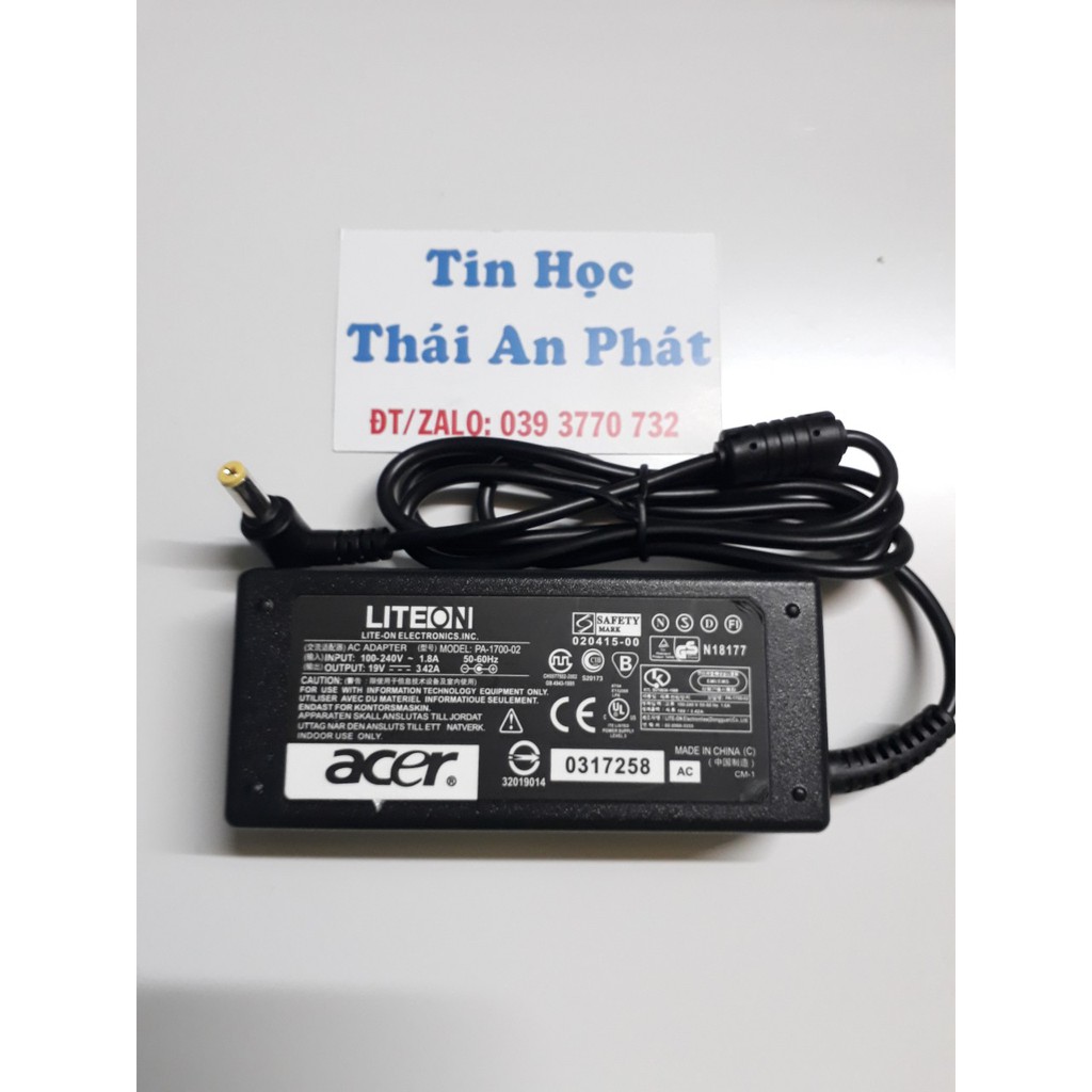 Sạc adapter laptop Acer 19V-3.42A 65W,kích thước đầu cắm (5.5mm x 1.7mm) kèm dây nguồn,hàng cao cấp