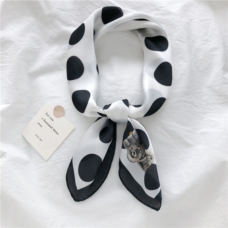 [Spring and summer new] green polka dot flower small scarf spring and autumn imitation real silk solid color hair band tie ribbon professional decoration scarf for women
