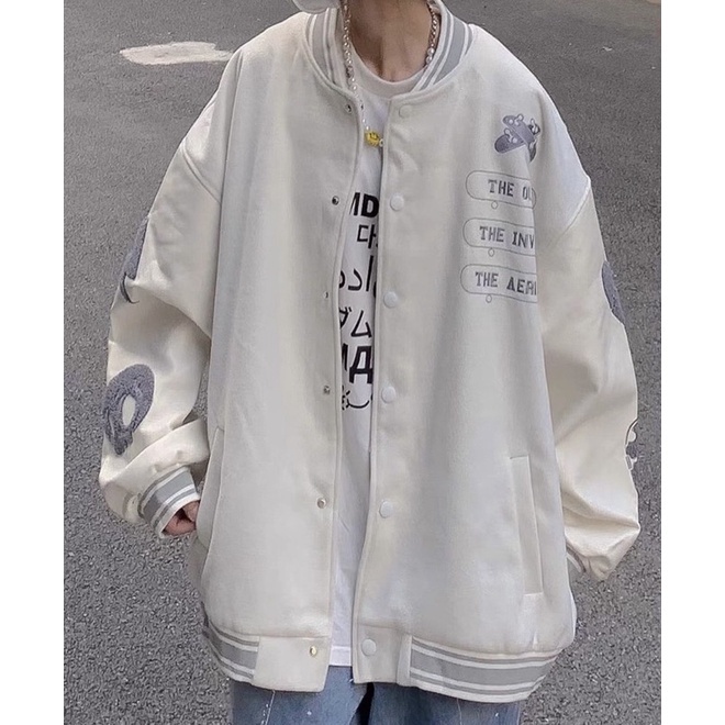 Áo Khoác Cream Bomber Jacket Bóng Chày Họa Tiết Bông In Nổi Năng Động, Cá Tính - Hàng nhập khẩu