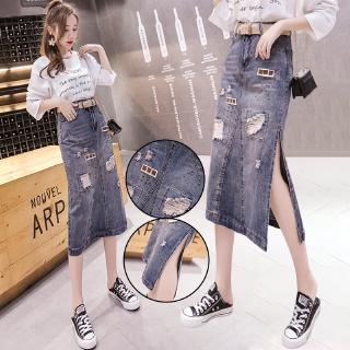 Chân váy denim phối đinh tán rách cá tính xẻ tà quyến rũ trẻ trung phong cách Hàn Quốc