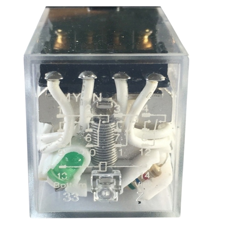 Relay trung gian MY4N-J rơ le kiếng 14 chân dẹp nhỏ có đèn điện áp 12VDC, 24VDC, 220VAC kết hợp chân đế PYF14A
