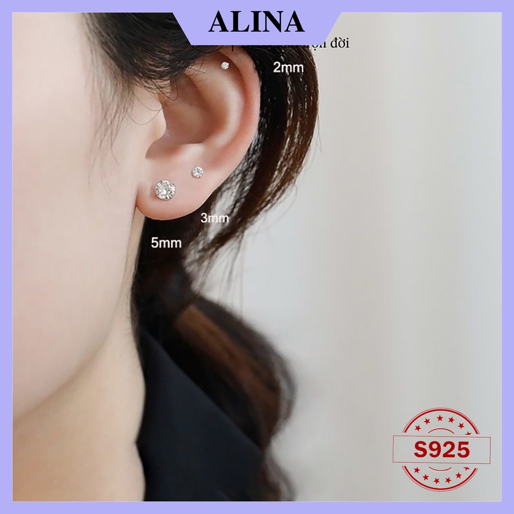 Bông Tai Bạc Ta Đá CZ 6A Chuẩn 120 Lát Cắt Siêu Lấp Lánh Không ố Không mờ Khuyên Nụ Trắng Đen Đơn Giản Alina