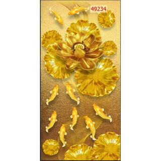 Tranh lụa dán tường 3d tranh cá koi, hoa sen vàng 120x80cm