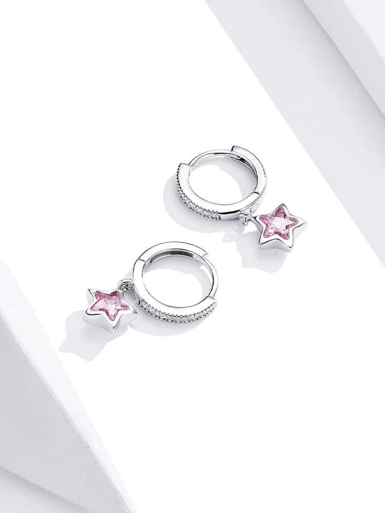 Khuyên tai Bamoer BSE414 Bạc 925 thiết kế hình ngôi sao màu hồng lấp lánh thời trang cho nữ