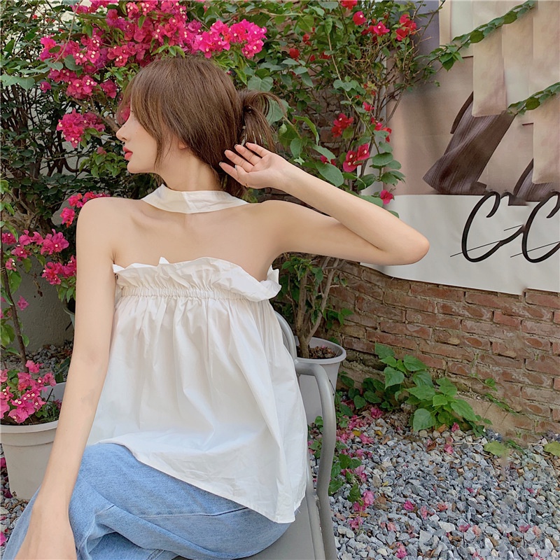 Áo trễ vai, áo kiểu nữ phối dây chồng cổ hở lưng viền bèo, croptop mặc đi chơi, đi biển, siêu xinh, AO005