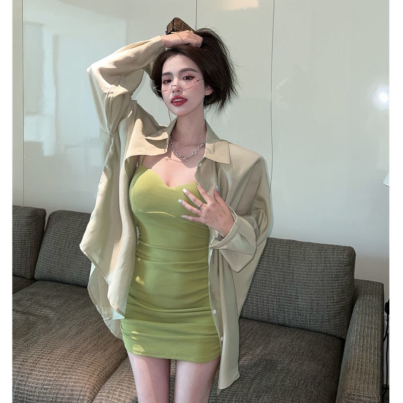Set Đầm Hai Dây Màu Xanh Lá Phong Cách Hồng Kông Thời Trang Mùa Hè Cao Cấp Dành Cho Bạn Nữ